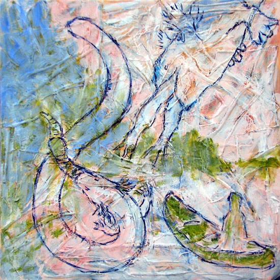 "Sirens (Amphibians Feeding)" contemporary figurative painting. acrylic, cotton rag, gesso on canvas. 30 in x 30 in.