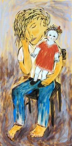 "Boy with Doll" contemporary figurative painting. acrylic on canvas. 15 in x 30 in.