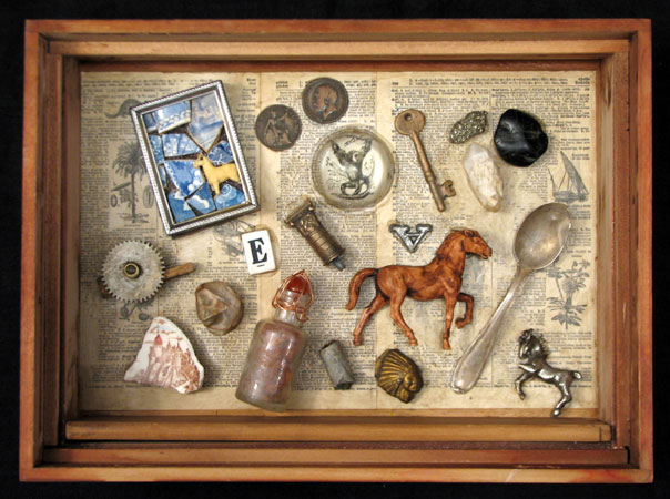 "Eohippus Encyclopedia Dream" found-object sculpture. found objects, wood, adhesive, acrylic paint. 15 in x 11 in x 4.25 in.