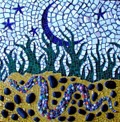 "Bead Snake" contemporary mosaic art. stained glass, found ceramics, stones, beads, grout on panel. 24 in x 24 in
