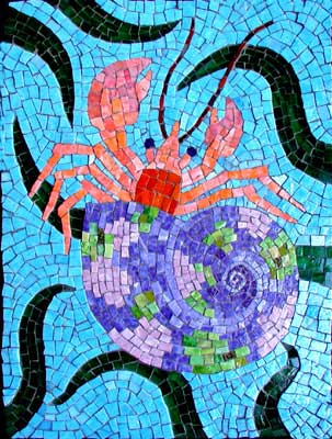 "hermit crab" mosaic art. Smalti and stained glass on panel. grouted. 12 in x 16 in