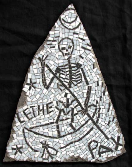 "Lethe the River of Forgetting" mosaic art. concrete and vitreous glass on fieldstone. 16 in x 21 in.