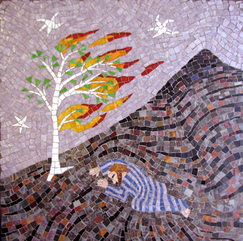 "Moses and the Burning Bush" mosaic art. smalti on wood 23 in x 23 in