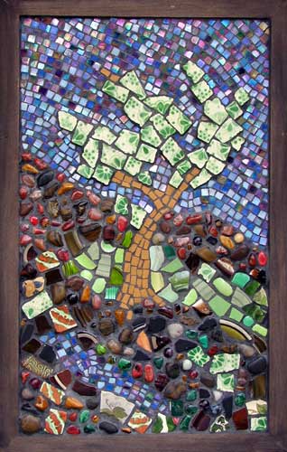 "Plum Tree" mosaic art. glass and ceramic tile, tumbled china, gemstones, oak, concrete. 23" x 36"