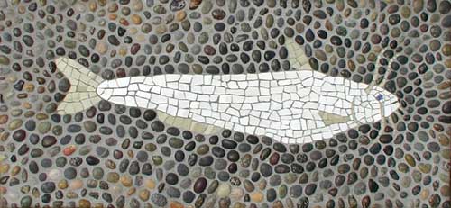 "White Catfish" mosaic art. pebbles and ceramic dishware on panel. 24 in x 11.125 in