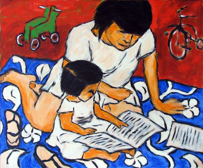 "Mother Child Read" contemporary figurative art. acrylic on canvas. 24 in x 20 in.