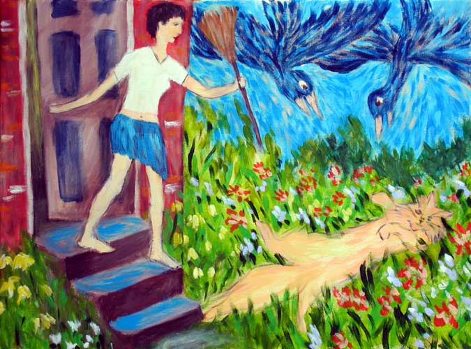"Rescuing Pickle from Blue Jays" contemporary figurative painting. acrylic on canvas. 24 in x 18 in.