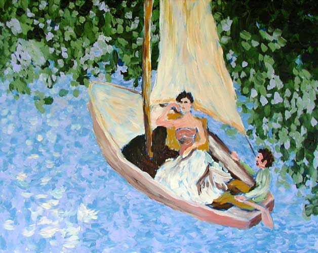 "Sailing Darlene Home" contemporary figurative painting. acrylic on canvas. 20 in x 16 in.