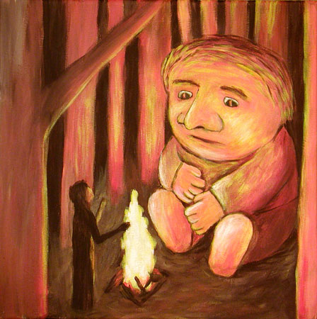 "Scary Story" contemporary figurative painting. acrylic on canvas. 18 in x 18 in.