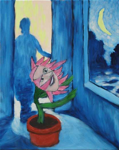 "Flower Singing to the Moon" contemporary figurative painting. acrylic on canvas. 14 in x 10 in.