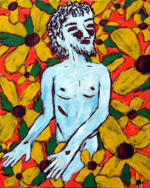 "Thousand Flower Jesus" contemporary figurative painting. acrylic on canvas. 24 in x 30 in.